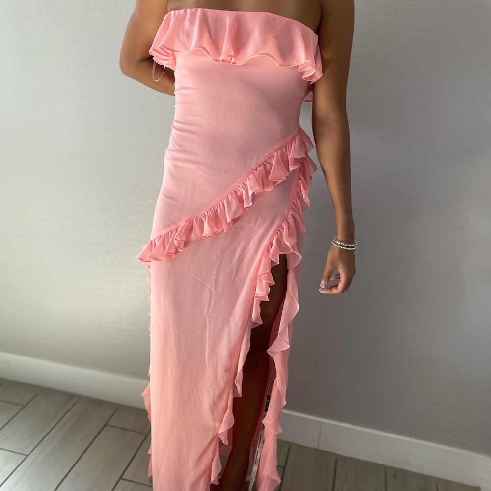 House of CB Pink Asymmetrical Ruffled Gown